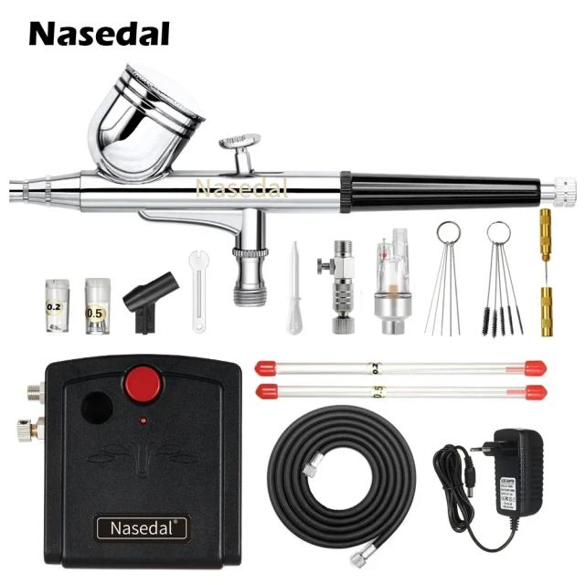 Compressor de Aerógrafo de Dupla Ação Nasedal NT-19: Pistola Ideal para Pintura de Unhas, Bolos, Carros, Peixes e Sapatos com Bico de 0,3mm