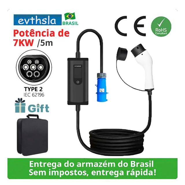 Carregador Portátil Evthsla para Veículos Elétricos - Cabo de 5m, 32A, 7kW, Tipo 2 com Ficha CEE