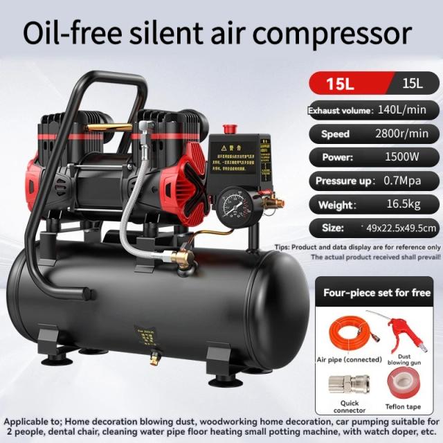 Compressor de Ar Silencioso e Portátil Sem Óleo para Reparos em Casa e Insuflação de Pneus com Potência de 1100W e 1500W