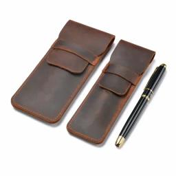 Saco de lápis de couro genuíno artesanal, estojo para caneta-tinteiro, suporte vintage, estilo retro, acessórios para viagem - Image 1