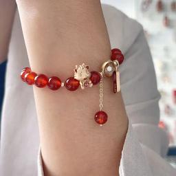 Pulseiras de corda frisada ágata vermelha para mulheres e meninas, pulseiras do ano do dragão, gato da sorte, peixe, fortuna, jóias, atacado, YBR1023, 2024 - Image 3