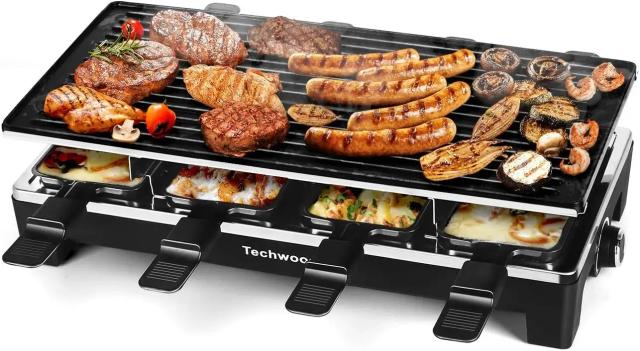 Grelha Elétrica 2 em 1 para Mesa: Raclette e Churrasco com Placa Antiaderente, Aquecimento Rápido e 8 Panelas de Queijo Removíveis