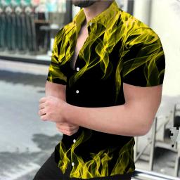 Camisa solta de manga comprida masculina, chama impressão 3D, tops grandes, botão respirável, moda casual, nova, verão - Image 4