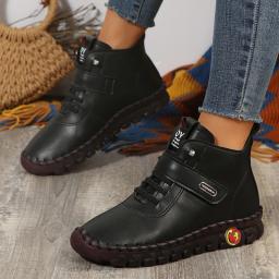 Botas de couro PU para mulheres, antiderrapante, laço de gancho, salto plano, botas de plataforma, curto, quente, outono, inverno, 2024 - Image 2