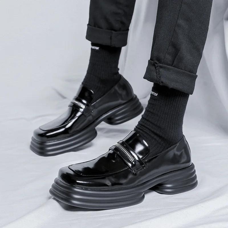 Sapatos de couro de patente de moda de luxo dos homens deslizamento-on oxfords sapato marca designer de dedo do pé quadrado mocassins preto calçado de plataforma à moda - Image 1