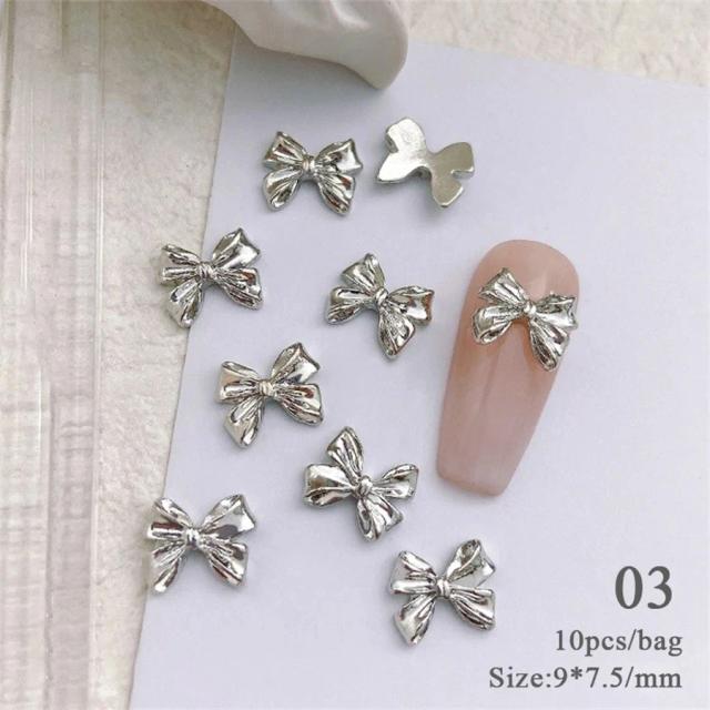 Conjuntos de 10 Strass em Laços de Metal 3D para Unhas Femininas - Joias de Ouro Cinza e Decorações DIY