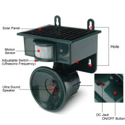 Repelente ultrassônico de animais, repelente de animais à prova d'água movido a energia solar ao ar livre com sensor de movimento, repelente de pássaros de pombo - Image 3
