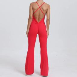 Macacão de fitness queimado esportes macacão feminino conjunto de treino yoga sem costas roupa feminina 2024 activewear monos largos vermelho - Image 1