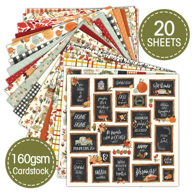 Kit de Papel para Scrapbook Outono Retrô com Abóboras, Folhas de Maple e Animais, Coleção Hello Autumn com 20 Folhas e Adesivos Decorativos para Halloween