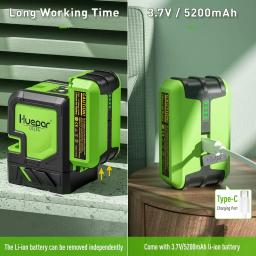 Huepar-Nível Laser de Feixe Verde Autonivelante, 2 Linhas, Linha Cruzada, Bateria Li-ion Recarregável, Ferramentas Laser com Modo de Pulso e Suporte - Image 2