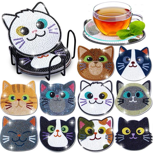 Coasters de Pintura em Diamante com Suporte - Kits DIY de Árvore da Vida para Artesanato e Decoração de Festas (8 a 10 peças)