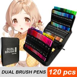 Conjunto de canetas aquarela dupla ponta para crianças, marcadores de pincel, desenho, pintura, caligrafia, arte, colorir, 120 cores - Image 1