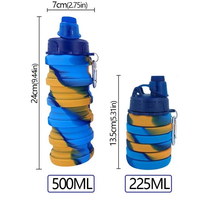 Garrafa de Água Reutilizável Dobrável de Silicone com Mosquetão para Esportes ao Ar Livre e Viagens, à Prova de Vazamento em Design Camuflado