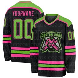 Jersey de hóquei no gelo personalizado para homens e mulheres, camisas de treinamento de competição, 3D imprime seu nome e número, preto e rosa - Image 4