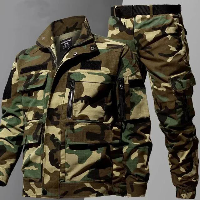 Conjunto tático masculino camuflado resistente ao desgaste com jaquetas Ripstop e bolso múltiplo para atividades ao ar livre