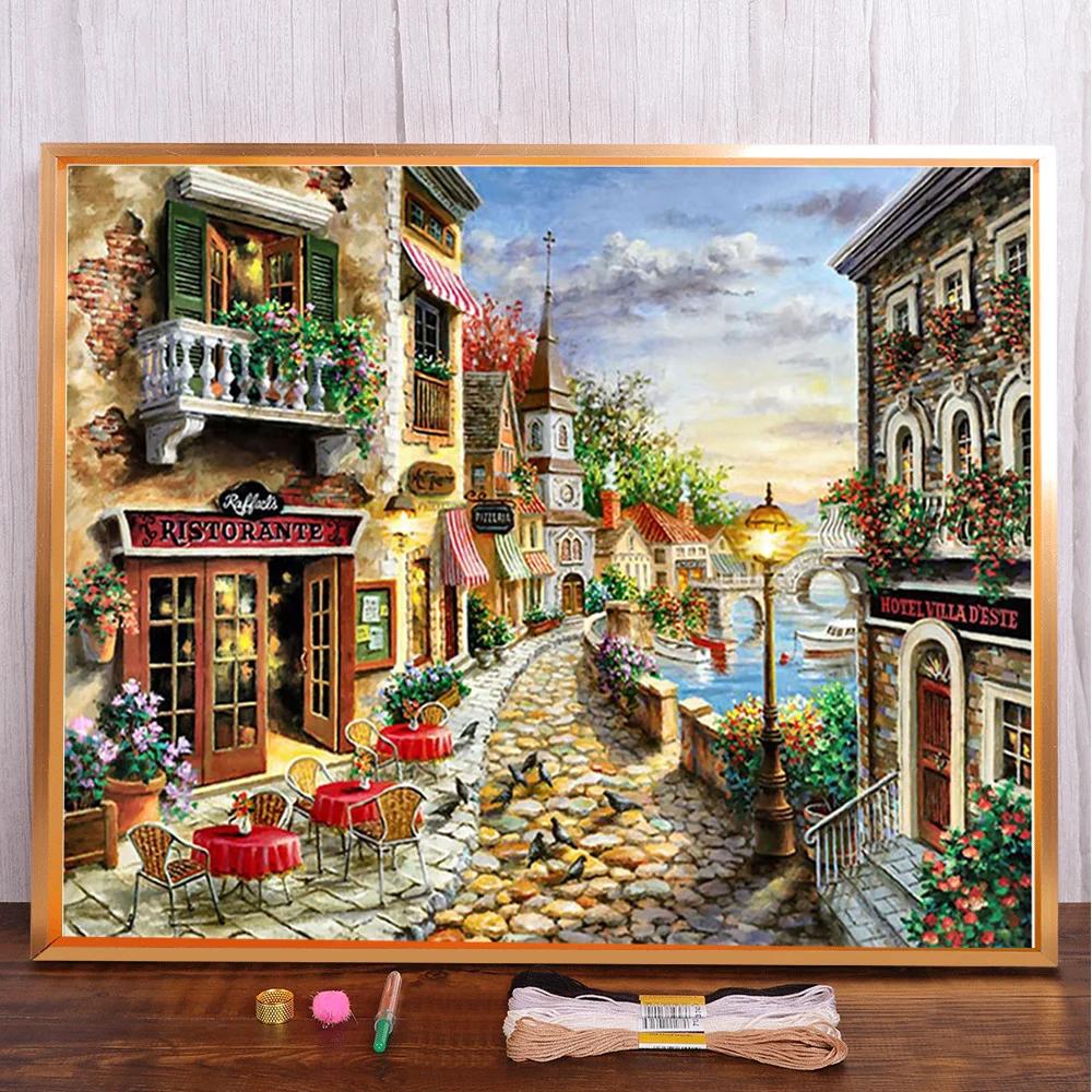 Paisagem cidade europeia impressa lona ponto cruz bordado kit completo bordado artesanato tricô vendas fio contado - Image 1