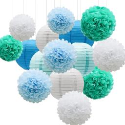 Papel branco azul lanternas tecido festa flor bola decoração pompons de papel casamento decorativo chá de fraldas aniversário decoração do favor - Image 1