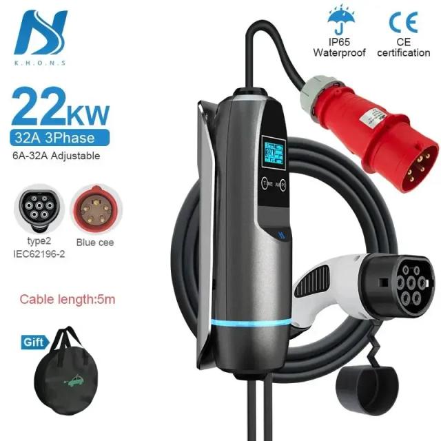 Carregador Portátil Khons para Carros Elétricos - Wallbox 32A CEE Plug, 3 Fases, 22kW, Tipo 2