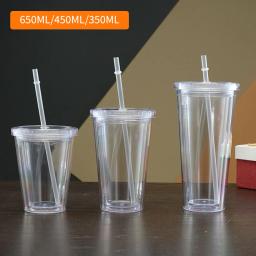 Garrafa de água transparente reutilizável de camada dupla, copo transparente com palha, adequado para café, leite, bricolage, smoothie, bebida, 350ml, 450ml, 650ml - Image 4