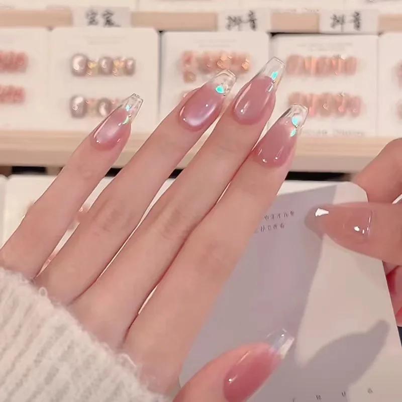 Olhos De Gato Artesanais Longos Unhas Falsas, Pontas De Unhas Vestíveis, Coração Rosa, Pressione Em Unhas, Cobertura Completa, Unhas De Acrílico, 10Pcs - Image 1