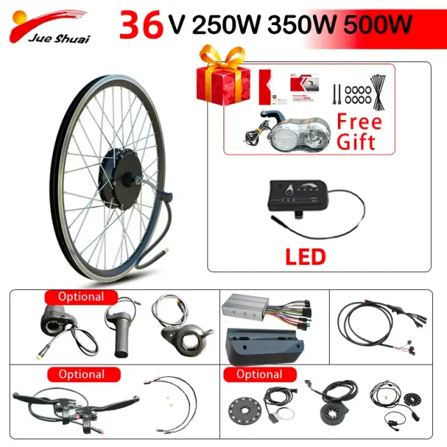 Kit de Conversão para Bicicleta Elétrica com Motor Dianteiro ou Traseiro, Controlador Sem Escova e Display, 36V, 350W e 500W, Compatível com Roda de 26", 700C, 27.5" e 29"