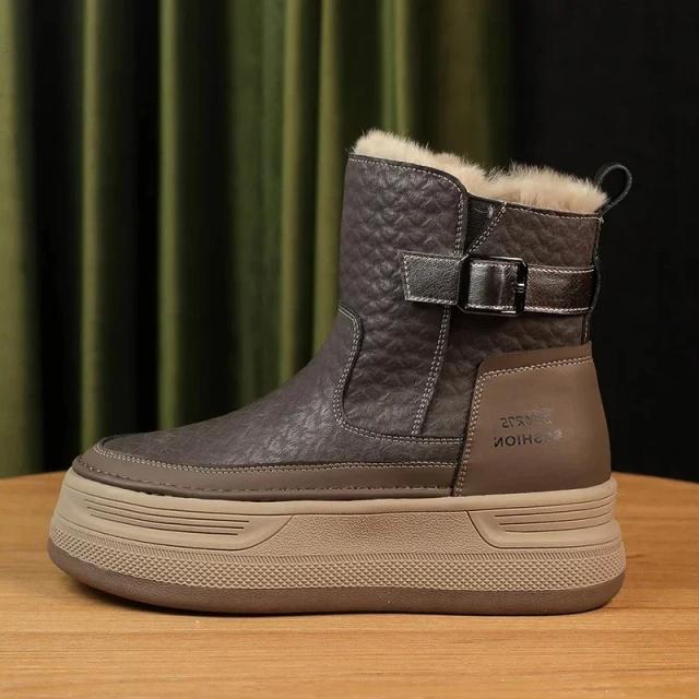 Botas Femininas Couro Neve Tornozelo Pelúcia Curto Moda Tendência Tênis Quente Aconchegante