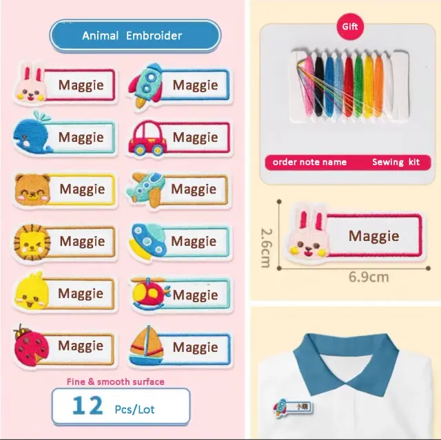 Etiquetas Personalizadas em Bordado com Nome para Crianças - Adesivos Impermeáveis para Roupas, Toalhas e Acessórios Infantis