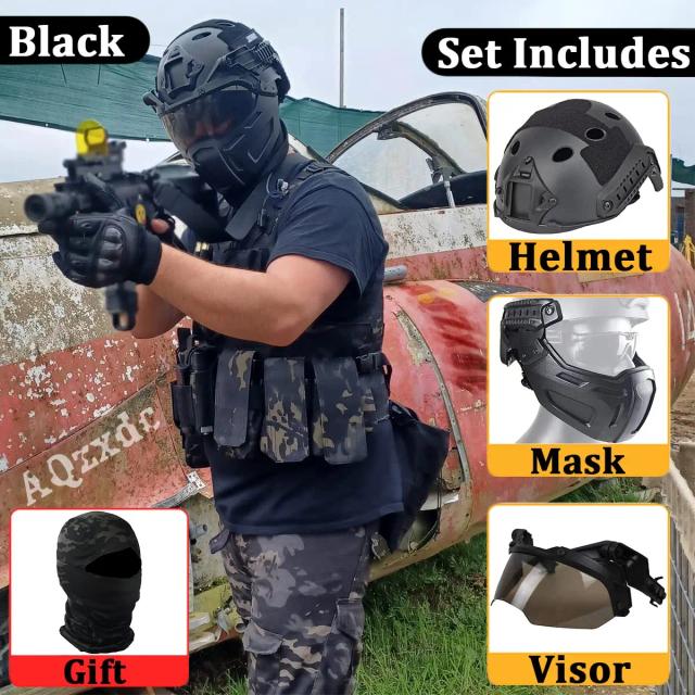 Capacete Tático Airsoft com Máscara de Meia Face e Viseira Protetora para Jogos de Tiro e Paintball