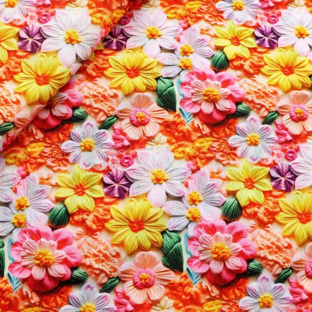 Tecido de Algodão e Poliéster com Estampa 3D de Flores em Peônia e Girassol - Imitação de Renda Bordada 50x45cm