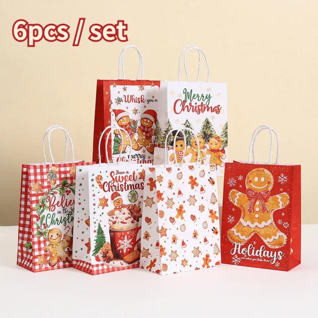 Sacos de Papel Kraft para Presente de Natal com Design de Animais Animados, Conjunto com 6 Peças