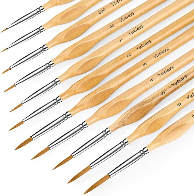 Conjunto Premium de 11 Pincéis de Pintura para Detalhes em Miniatura com Haste Triangular em Madeira Natural para Arte em Óleo, Aquarela e Desenho de Linha