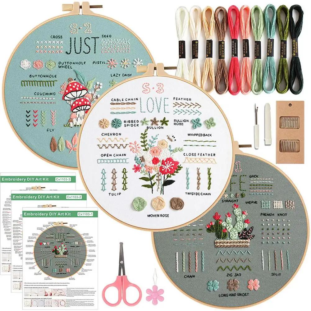 Kit Prática Bordado Iniciante, Bordados à Mão com 34 Ponto Básico, Kits DIY, 3 Conjuntos - Image 1