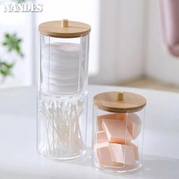 Caixa De Armazenamento De Acrílico com Tampa De Bambu, Jarra Do Banheiro, Organizador De Maquiagem, Algodão Rodada Pad Holder, Dispensador De Algodão, Tampa De Plástico Transparente - Image 3