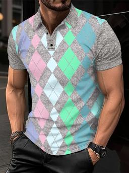 Camisa polo masculina de botão estampado digital 3D, manga curta esportiva lapela tops, roupas casuais, moda verão - Image 1