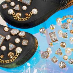 Bling Rhinestone Buraco Sapatos Charm Buckles Cristal Metal Cadeia Buraco Sapatos Acessórios DIY Pérola Sandálias Flor Decorações - Image 2