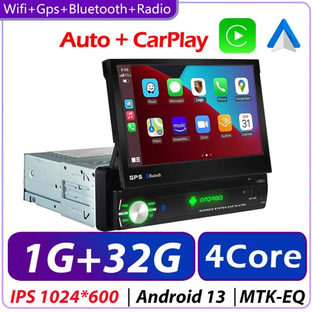 Rádio 1 Din com CarPlay e Android Auto, Navegação GPS, Tela Retrátil IPS e Áudio Universal para VW, Toyota, Kia, Jeep e Tesla, 8 Núcleos e 4 Núcleos