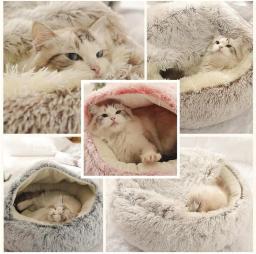 Soft Plush Pet Bed com tampa redonda Cat Bed Pet Colchão Quente Cat Dog 2 em 1 Sleeping Nest Cave para cães pequenos - Image 6
