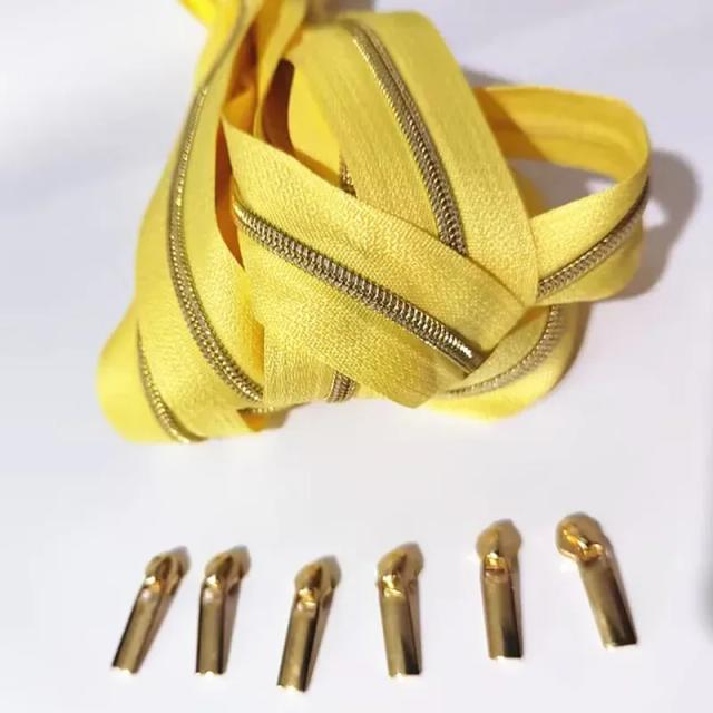 Conjunto de 10 Zíperes de Ouro e Prata com Slider para Costura - 3# e 5 Metros de Comprimento