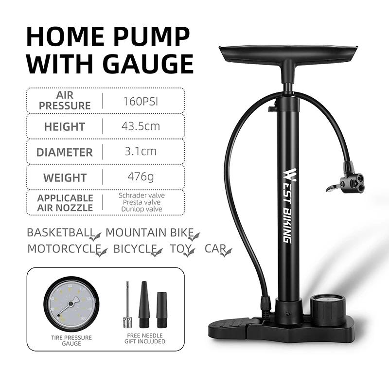 West Biking-Bomba de bicicleta com manômetro, válvula Presta, bomba de pneu para carro, motocicleta, E-bike, acessórios para bicicletas de estrada, MTB - Image 1