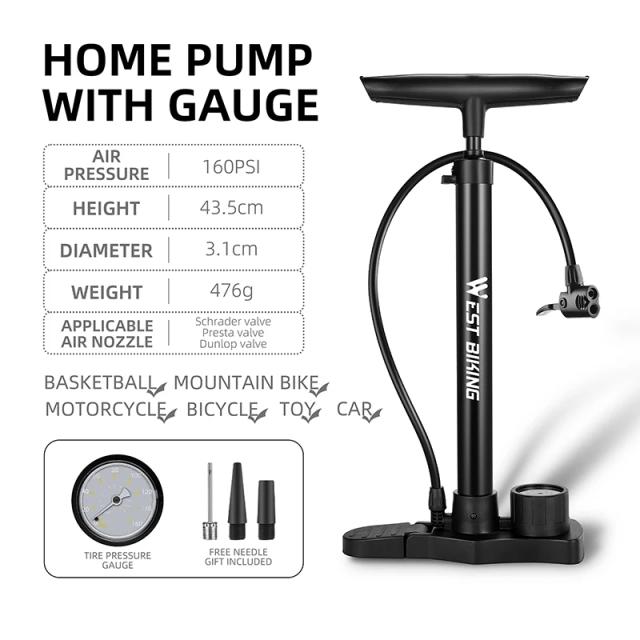 Bomba de Bicicleta West Biking com Manômetro e Válvula Presta - Ideal para Carros, Motocicletas e E-bikes, Acessórios para Ciclistas de Estrada e MTB