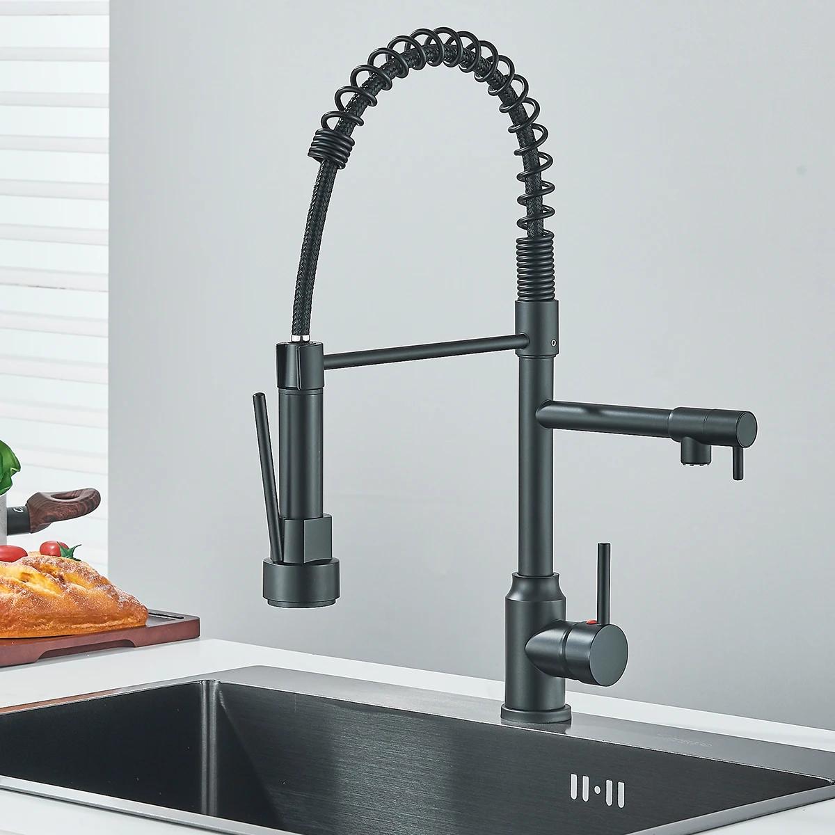 Torneira de cozinha pull down com bico duplo Rotação de 360 ° Torneira misturadora de água quente e fria Single Handle Guindaste para pia montado no deck - Image 1