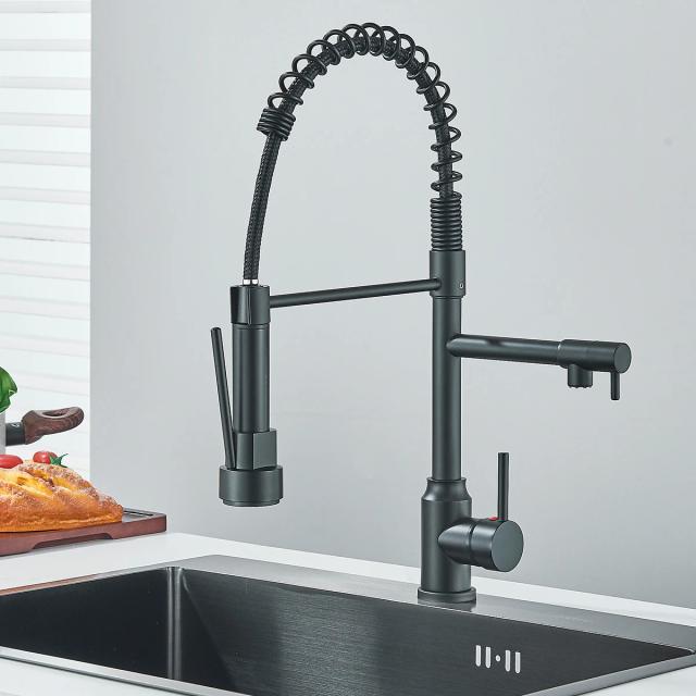 Torneira de Cozinha Pull Down com Bico Duplo e Rotação de 360° - Misturadora de Água Quente e Fria com Acionamento Único para Montagem no Deck