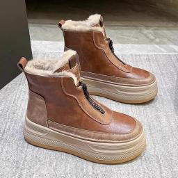 Plataforma feminina pele neve tornozelo botas apartamentos de couro curto pelúcia sapatos de algodão tendência moda tênis quente novo aconchegante mujer goth botas - Image 5