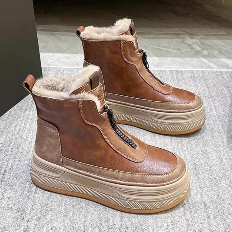 Plataforma feminina pele neve tornozelo botas apartamentos de couro curto pelúcia sapatos de algodão tendência moda tênis quente novo aconchegante mujer goth botas - Image 1