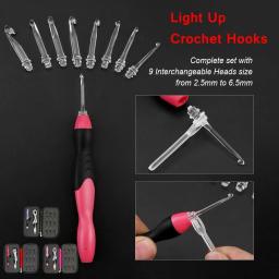 9 em 1 usb light up crochê ganchos agulhas de tricô led ferramentas de costura conjunto diy tecelagem camisola ferramentas kit costura acessórios - Image 2