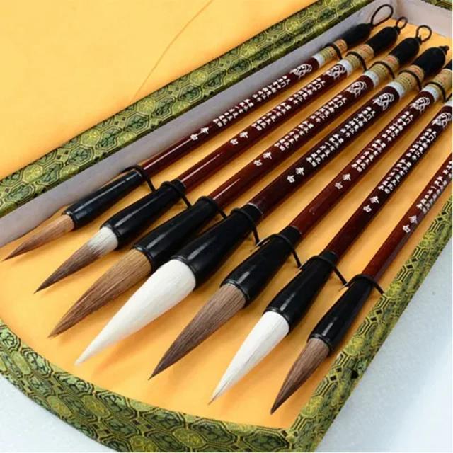 Conjunto de 7 Pincéis de Caligrafia Chinesa com Caneta e Caixa para Arte e Artesanato
