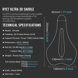 RYET-Ultraleve Carbon Fiber Bike Saddle, 3D Impresso, Oco, Confortável, Respirável, MTB, Cascalho, Estrada, Bicicleta, Ciclismo, Peças de Assento - Image 4