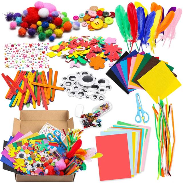 Kit de Artesanato DIY para Crianças: Pompons, Tubos, Penas, Espumas, Flores, Adesivos de Cristal e Olhos Wiggle para Criatividade Divertida