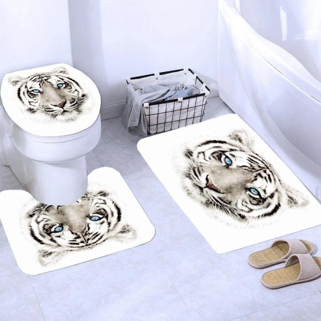 Cortinas de Chuveiro 3D com Animais: Leões, Leopardos e Tigres - Conjunto Completo para Banheiro com Tapete e Tampa de Toalete