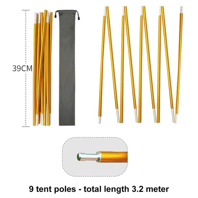 Barraca de Acampamento com Varas de Alumínio Ajustáveis de 8,5mm - Acessórios para Estrutura de 2 Peças, Comprimentos de 320cm a 410cm